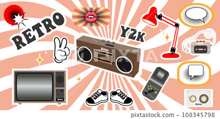 Set of retro music elements from the 90s, 80s, 70s. Clipart. Vector illustration for nostalgic music party, advertising post 108345798