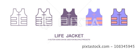 Safety jacket security icon. Vector life vest yellow visibility fluorescent work jacket. lifebuoy icon. vector illustration. isolated on white background 108345945