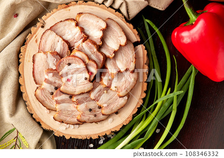 Roasted pork belly sliced on wooden plate 108346332