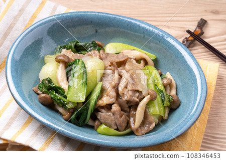 Stir-fried bok choy and pork with oyster sauce Stir-fried bok choy and pork with oyster sauce 108346453