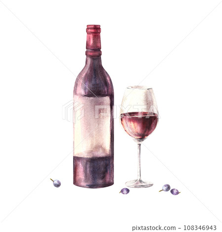 A bottle and glass of red wine with grape berries. Watercolour hand draw food illustration on white background. Wine making set for your design print of sticker, flyers, drink menu, wine list, card A bottle and glass of red wine with grape berries. Watercolour hand draw food illustration on white background. Wine making set for your design print of sticker, flyers, drink menu, wine list, card 108346943