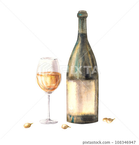 A bottle and glass of white wine with grape berries. Watercolour hand draw food illustration on white background. Wine making set for your design print of sticker, flyers, drink menu, wine list, card A bottle and glass of white wine with grape berries. Watercolour hand draw food illustration on white background. Wine making set for your design print of sticker, flyers, drink menu, wine list, card 108346947