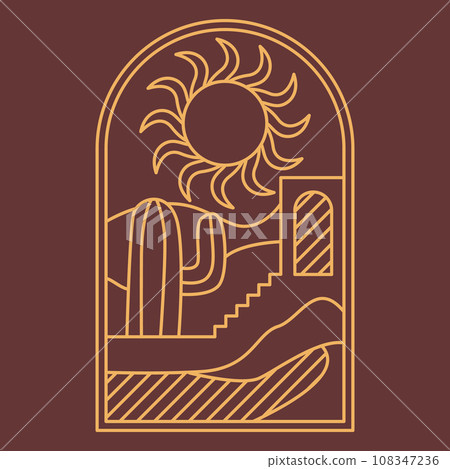 Desert with cactus and sun and arabinan architecture boho logo. sand, sunset, palm landscape aesthetic icon. 108347236