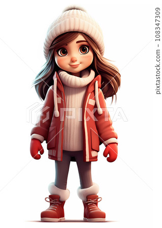 Cute Girl Dressed in Winter Clothes Happy Cartoon Character 108347309