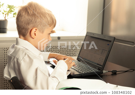 Cheerful child close up during online lesson 108348102