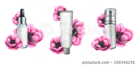 Personal care cosmetics in jar, tube, dispenser with anemone flowers. Hand drawn watercolor illustration. Set of isolated elements on a white background for the beauty industry, advertising and design 108348238