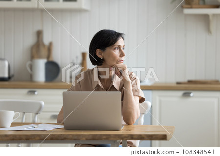Serious middle-aged woman sit at table in kitchen with laptop Serious middle-aged woman sit at table in kitchen with laptop 108348541
