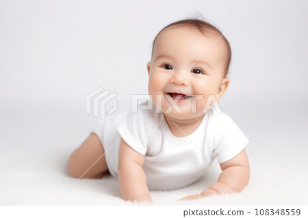 Beautiful sweetheart happy cute smiling baby on light background. Generative AI 108348559