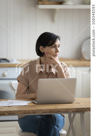 Serious pensive mature woman sit at kitchen table with laptop Serious pensive mature woman sit at kitchen table with laptop 108348593