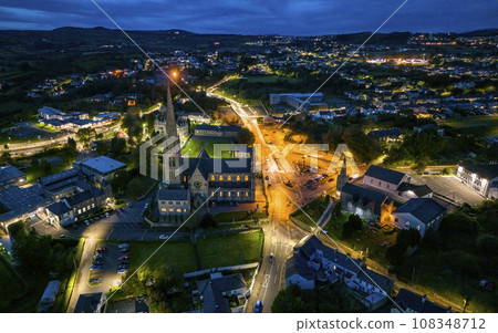 Aerial night view of St Eunans Cathedral in Letterkenny, County Donegal, Ireland Aerial night view of St Eunans Cathedral in Letterkenny, County Donegal, Ireland 108348712