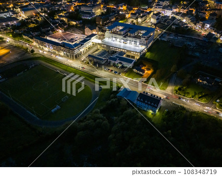 Aerial night view of the medical centre on Justice Walsh Road in Letterkenny , Ireland 108348719