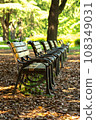 Autumn green road bench and fallen leaves 108349031