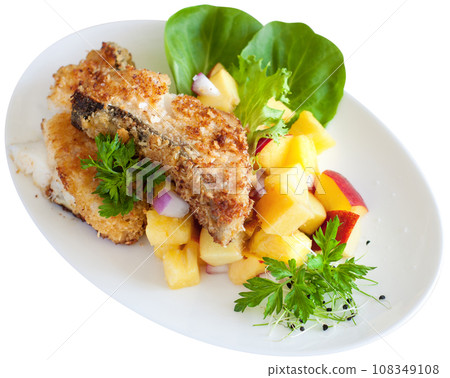 Crusted cod with peach and pineapple salsa 108349108