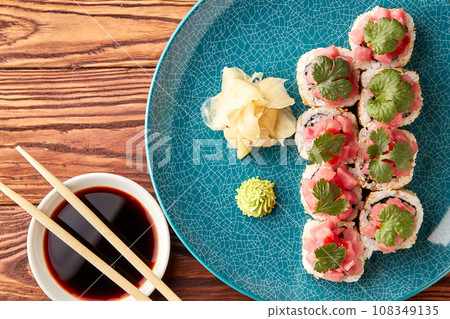 Japanese sushi rolls with tuna. Japanese sushi rolls with tuna. 108349135