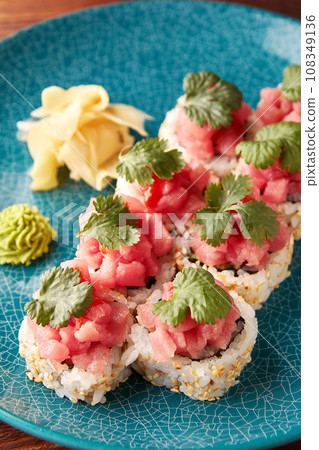 Japanese sushi rolls with tuna. Japanese sushi rolls with tuna. 108349136