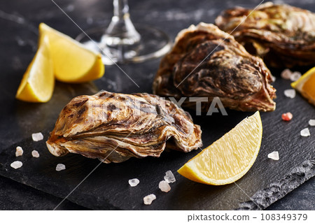 Fresh closed oysters with lemon on slate plate 108349379