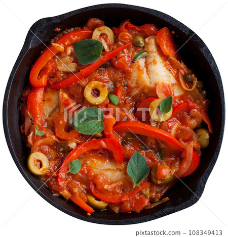 Pan with baked tilapia fish with vegetables. 108349413