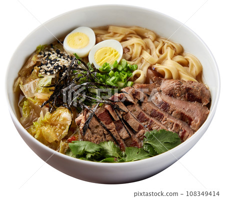 Asian ramen noodle soup with veal isolated on white. Asian ramen noodle soup with veal isolated on white. 108349414