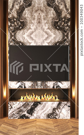 Exquisite interior design with a mesmerizing marble backdrop, accentuated by a modern fireplace beneath a sleek screen. 3d rendering. High quality 3d illustration. 108349843