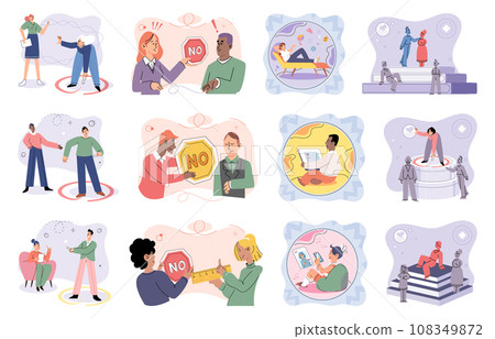 Boundary vector illustration. Public spaces often require individuals to adapt their boundaries to accommodate others Practicing social distancing creates physical boundary to protect personal space 108349872