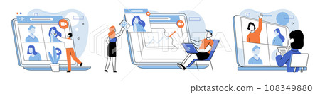 Virtual work meeting. Vector illustration. Cyberspace offers virtual realm for organized work and professional interactions Accounting professionals utilize digital tools for remote work and financial 108349880