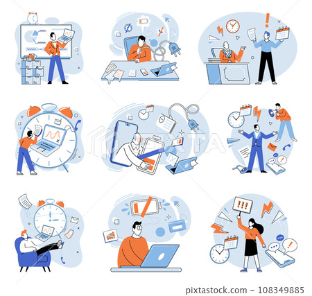 Busy employee vector illustration. Overwork can result in exhausted and stressed employees The constant busyness workplace keeps employees engaged and productive The workaholic employee is always 108349885