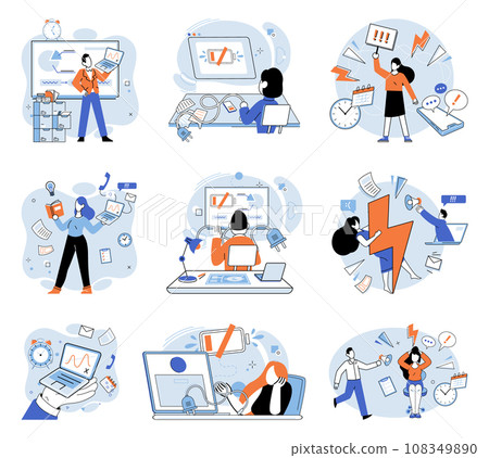 Working hard vector illustration. The working hard metaphor illustrates immense effort and dedication required in professional settings Balancing business responsibilities and personal life can lead Working hard vector illustration. The working hard metaphor illustrates immense effort and dedication required in professional settings Balancing business responsibilities and personal life can lead 108349890