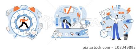 Stress at work vector illustration. The fear failure and constant pressure can contribute to increased stress levels at work Overtime work and pressure to perform can intensify stress levels Stress at work vector illustration. The fear failure and constant pressure can contribute to increased stress levels at work Overtime work and pressure to perform can intensify stress levels 108349892