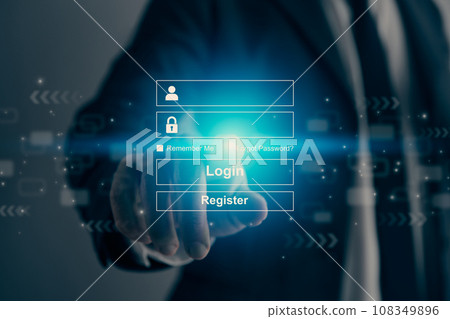 Businessman Hand Touching Blue Username and Password Login Rectangle Interface in Vintage Tone Businessman Hand Touching Blue Username and Password Login Rectangle Interface in Vintage Tone 108349896