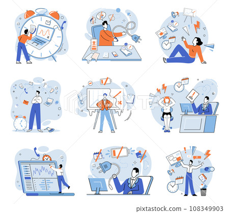 Busy employee vector illustration. The skillful employee manages workload without feeling overwhelmed Worried about meeting deadlines, employee works late into night The busy employees work 108349903