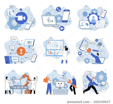 Virtual work meeting. Vector illustration. Finance professionals leverage online networking for industry connections and opportunities Remote work has become norm, powered by advancements Virtual work meeting. Vector illustration. Finance professionals leverage online networking for industry connections and opportunities Remote work has become norm, powered by advancements 108349937