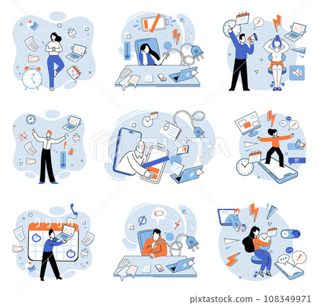 Stress at work vector illustration. Chronic stress can contribute to feelings frustration, exhaustion, and even depression The fear failure and constant pressure can contribute to increased stress 108349971