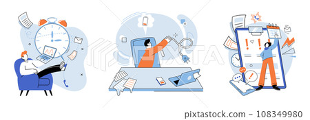 Stress at work vector illustration. Balancing work and personal responsibilities is crucial for preventing stress and maintaining overall well being Overworking oneself and neglecting self care Stress at work vector illustration. Balancing work and personal responsibilities is crucial for preventing stress and maintaining overall well being Overworking oneself and neglecting self care 108349980