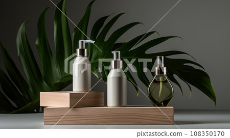 Cosmetic sample white bottle set on woodem podium mock up Cosmetic sample white bottle set on woodem podium mock up 108350170
