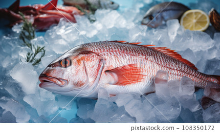 Fresh fish on ice at the fish market, seafood concept Fresh fish on ice at the fish market, seafood concept 108350172