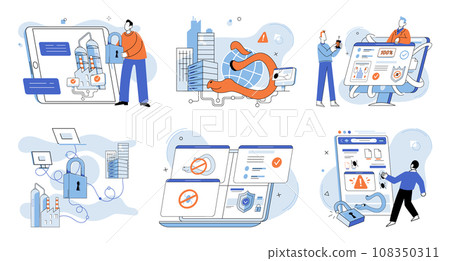 Data protection. Vector illustration. Safety measures are implemented to safeguard digital assets Banners raise awareness about importance datprotection Systems and software are designed to enhance Data protection. Vector illustration. Safety measures are implemented to safeguard digital assets Banners raise awareness about importance datprotection Systems and software are designed to enhance 108350311