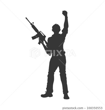 Isolated terrorist silhouette. Man protester with a gun. Fist over head. Dangerous rebel with a rifle. Armed street bandit. Portrait of a freedom fighter Isolated terrorist silhouette. Man protester with a gun. Fist over head. Dangerous rebel with a rifle. Armed street bandit. Portrait of a freedom fighter 108350553
