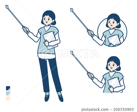 身穿針織背心的女士用指令棒解釋的插圖 身穿針織背心的女士用指令棒解釋的插圖 108350903