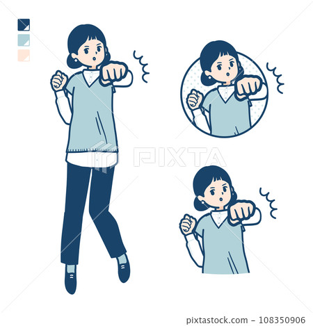 一個穿著針織背心的女人用拳頭打前面的插圖 108350906