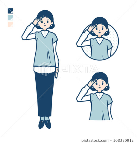 Illustration of a woman wearing a knitted vest saluting 108350912