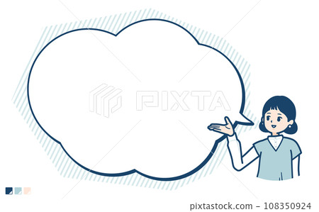 Illustration of a woman in a knitted vest explaining with a speech bubble Illustration of a woman in a knitted vest explaining with a speech bubble 108350924