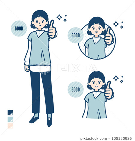 Illustration of a woman in a knitted vest giving a thumbs up 108350926