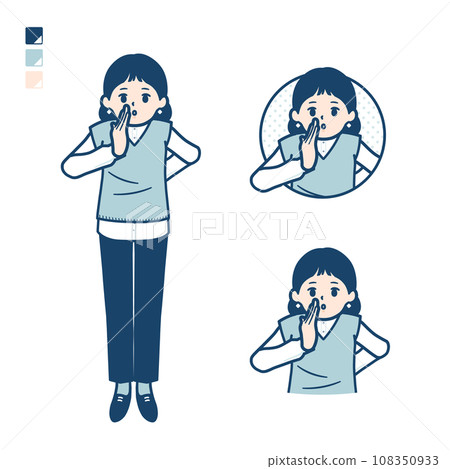 Illustration of a woman wearing a knitted vest whispering quietly Illustration of a woman wearing a knitted vest whispering quietly 108350933