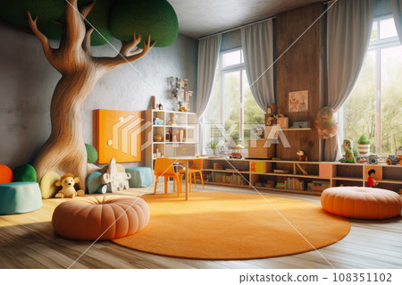 Stylish playroom interior with modern furniture, toys, games for kids Stylish playroom interior with modern furniture, toys, games for kids 108351102