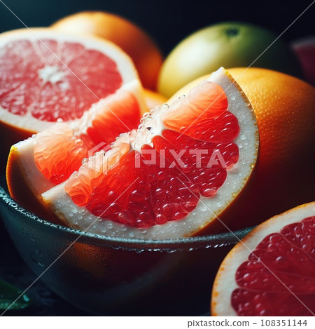 Beautiful picture with water drops, fruits. Generative AI 108351144