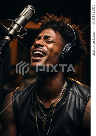 Beautiful man in a sound studio sings and records Beautiful man in a sound studio sings and records 108351203