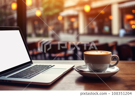 Laptop and cup of coffee on a table in cafe 108351204