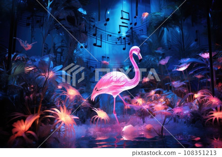 Tropical flowers, plants, music and flamingos. illustration of exotic pattern, Tropical flowers, plants, music and flamingos. illustration of exotic pattern, 108351213