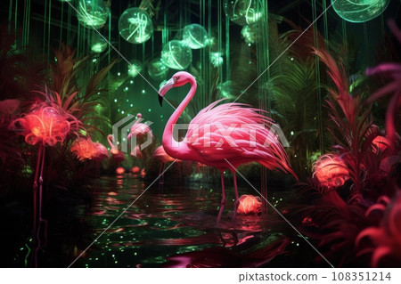 Tropical flowers, plants, music and flamingos. illustration of exotic pattern,  108351214