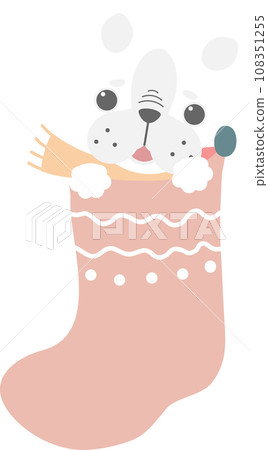 merry christmas and happy new year with cute dog in sock, flat png transparent element cartoon character design 108351255
